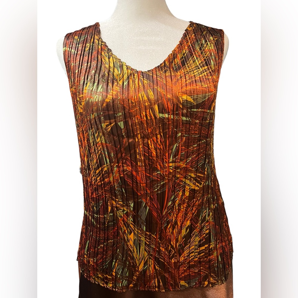 Jaipur Pleated Silky Brown & Gold Tank Top - Size Medium